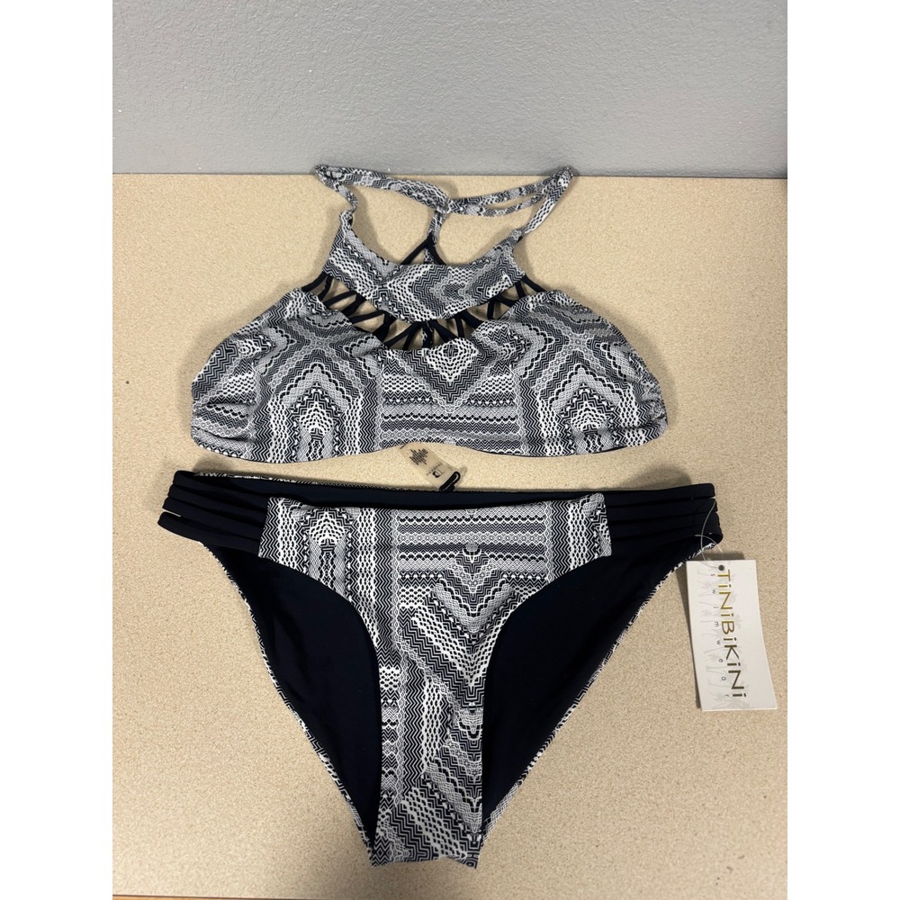 TiniBikini Womens Black White Geometric Tribal High Neck Strappy Bikini Set L